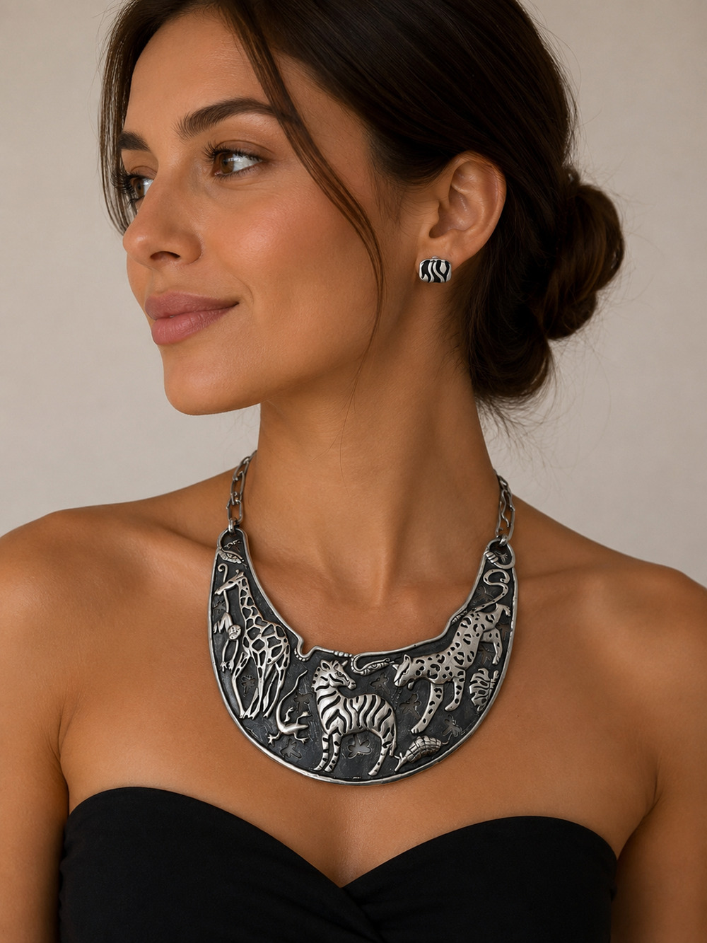 Vintage Emilia Castillo Taxco Sterling Silver Safari Animal Bib Necklace Set